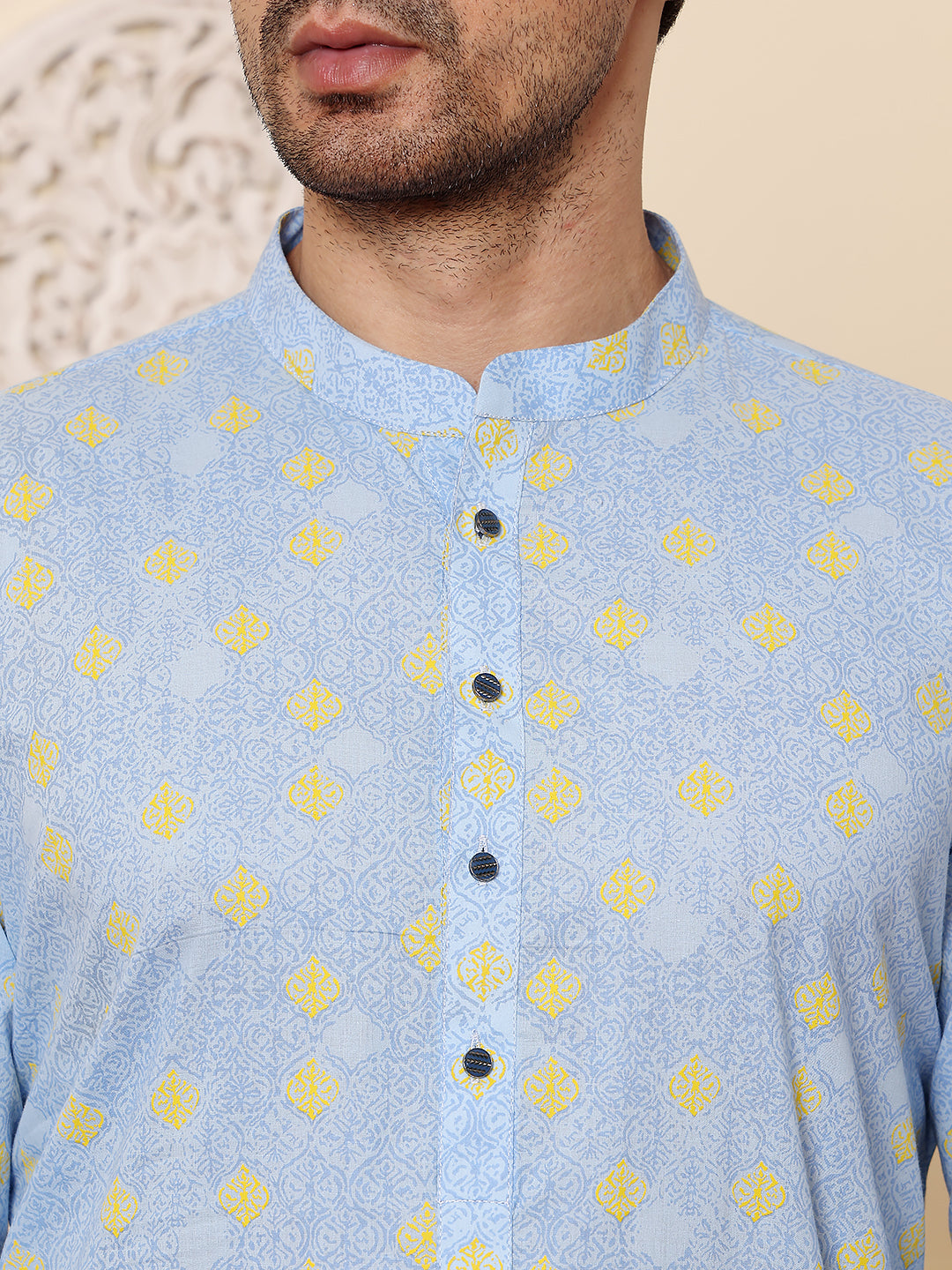 MULTI SHADES Men's Elegant Blue Printed Straight Cotton Kurta,Cream Solid Trouser Style Churidar - Dista