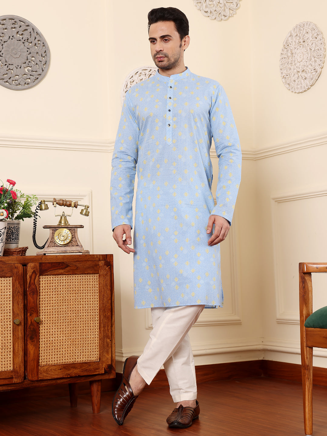 MULTI SHADES Men's Elegant Blue Printed Straight Cotton Kurta,Cream Solid Trouser Style Churidar - Dista