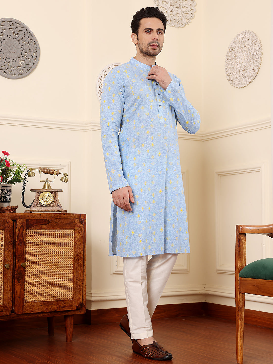 MULTI SHADES Men's Elegant Blue Printed Straight Cotton Kurta,Cream Solid Trouser Style Churidar - Dista