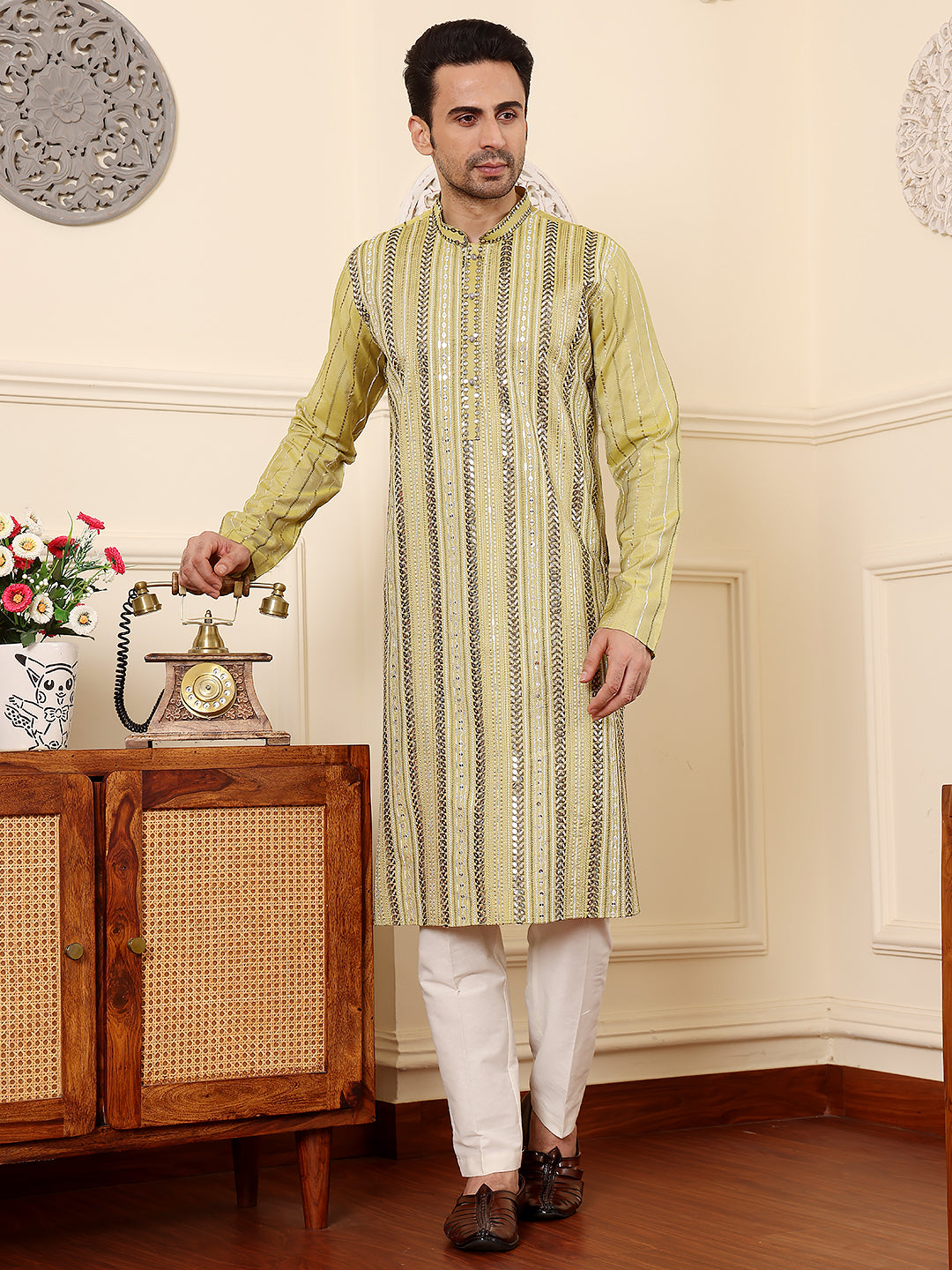 MULTI SHADES Men's Ethnic Straight Light Green Viscose Silk Kurta With Embroidery,Cream Solid Trouser Style Churidar - Dista
