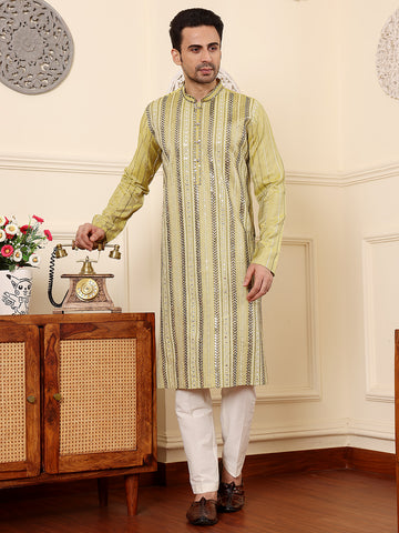 MULTI SHADES Men's Ethnic Straight Light Green Viscose Silk Kurta With Embroidery,Cream Solid Trouser Style Churidar - Dista