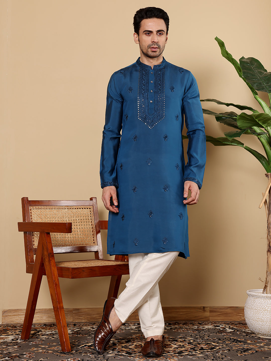 MULTI SHADES Men's Blue Straight Viscose Silk Kurta With Embroidered Neckline And Motifs,Off White Solid Trouser Style Churidar - Dista