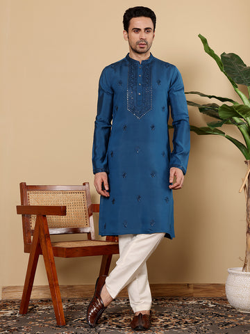 MULTI SHADES Men's Blue Straight Viscose Silk Kurta With Embroidered Neckline And Motifs,Off White Solid Trouser Style Churidar - Dista