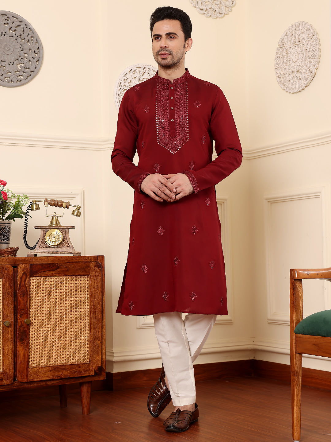 MULTI SHADES Men's Dark Red Straight Viscose Silk Kurta With Embroidered Neckline And Motifs,Off White Solid Trouser Style Churidar - Dista
