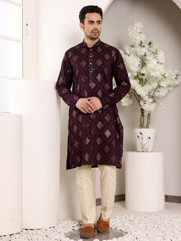 MULTI SHADES Men's Elegant Purple Straight Viscose Kurta With Embroidery,Cream Solid Trouser Style Churidar - Dista