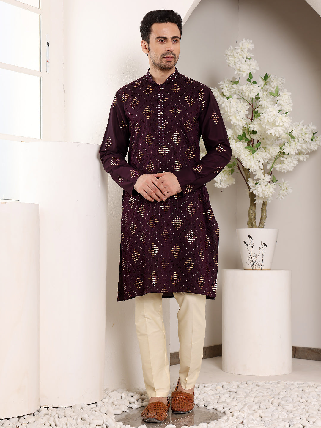 MULTI SHADES Men's Long Sleeve Mandarin Collar Elegant Purple Straight Viscose Kurta With Embroidery - Dista