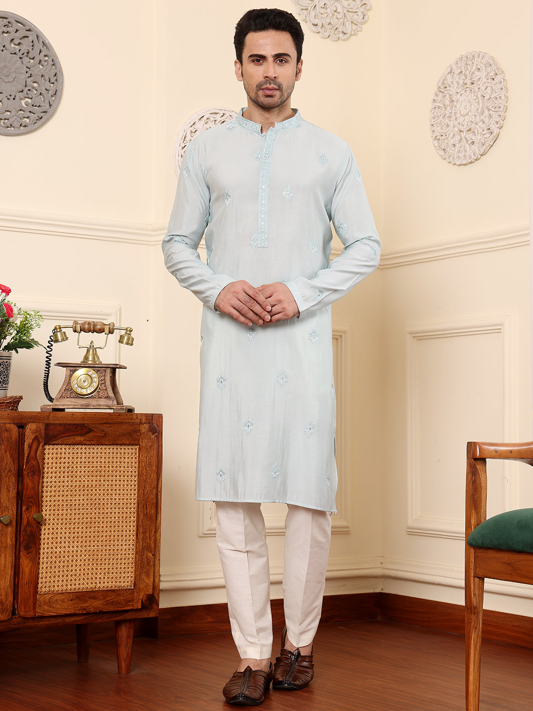 MULTI SHADES Men's Long Sleeve Light Blue Straight Viscose Silk Kurta With Embroidered Neckline Motifs And White Solid Churidar - Dista