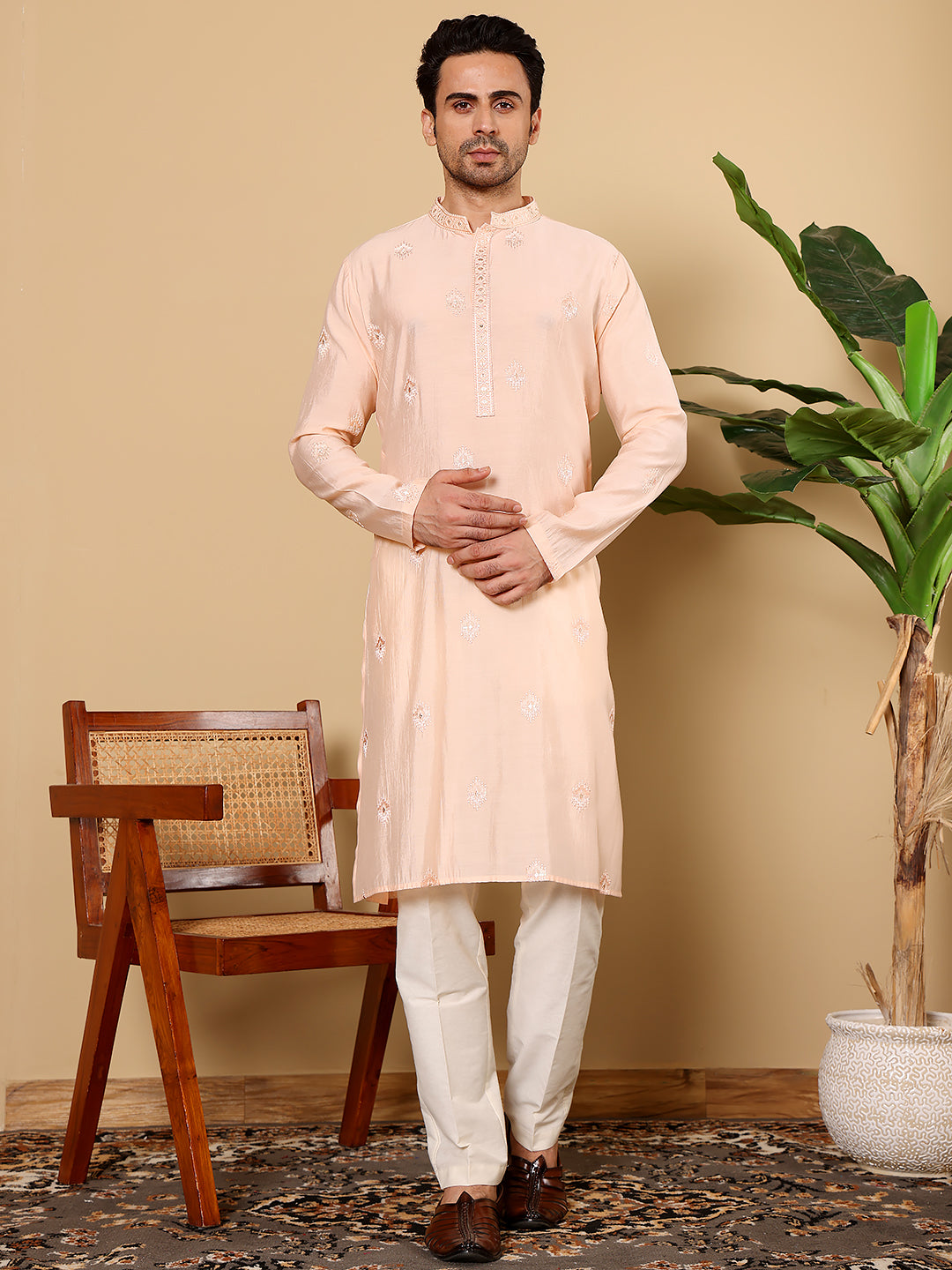 MULTI SHADES Men's Cream Straight Viscose Silk Kurta With Embroidered Neckline And Motifs,Off White Solid Trouser Style Churidar - Dista