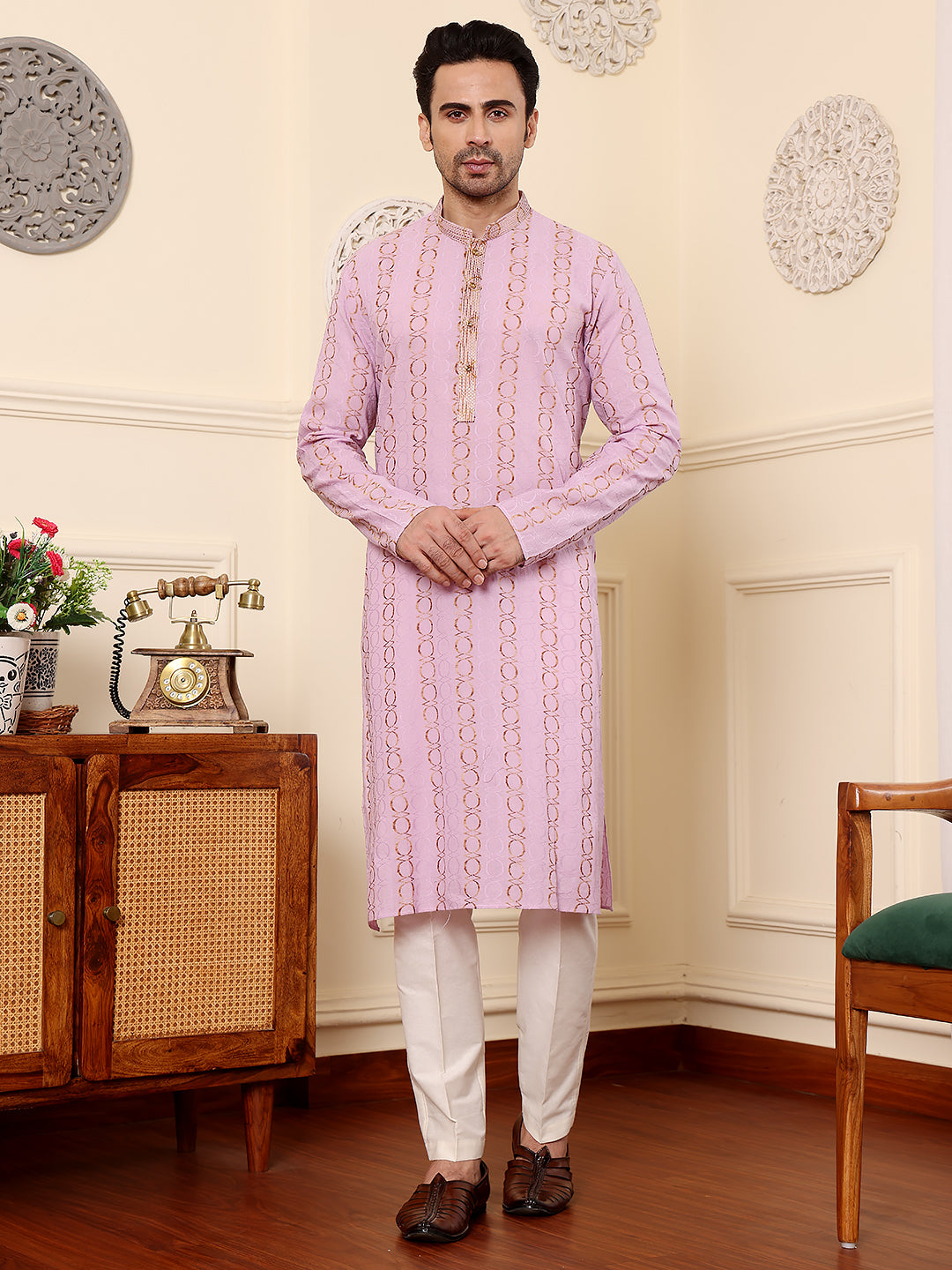 MULTI SHADES Men's Elegant Pink Printed Straight Cotton Kurta,Cream Solid Trouser Style Churidar - Dista