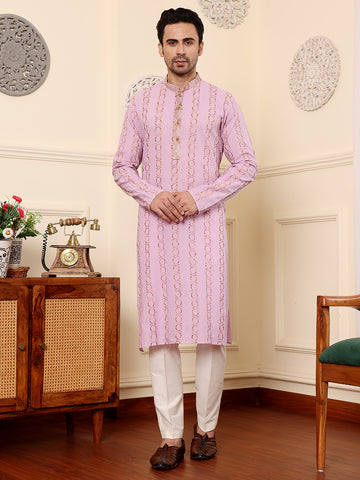 MULTI SHADES Men's Elegant Pink Printed Straight Cotton Kurta,Cream Solid Trouser Style Churidar - Dista