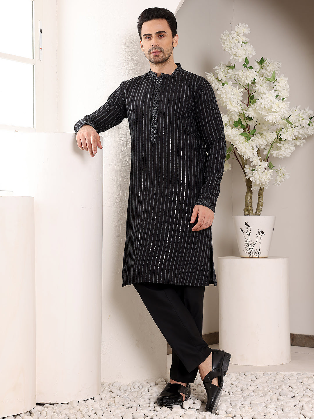 MULTI SHADES Men's Black Straight Viscose Silk Kurta With Embroidered Neckline And Motifs,Cream Solid Trouser Style Churidar - Dista