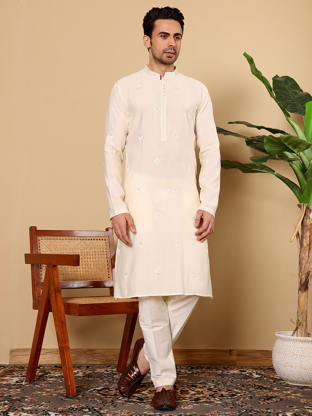MULTI SHADES Men's Cream Straight Viscose Silk Kurta With Embroidered Neckline And Motifs,Cream Solid Trouser Style Churidar - Dista