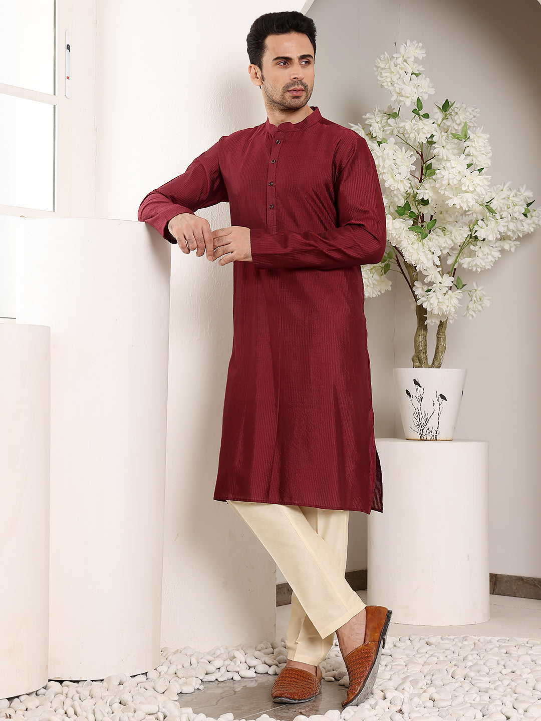 MULTI SHADES Men's Maroon Straight Viscose Silk Kurta With Textured Effect,Cream Solid Trouser Style Churidar - Dista