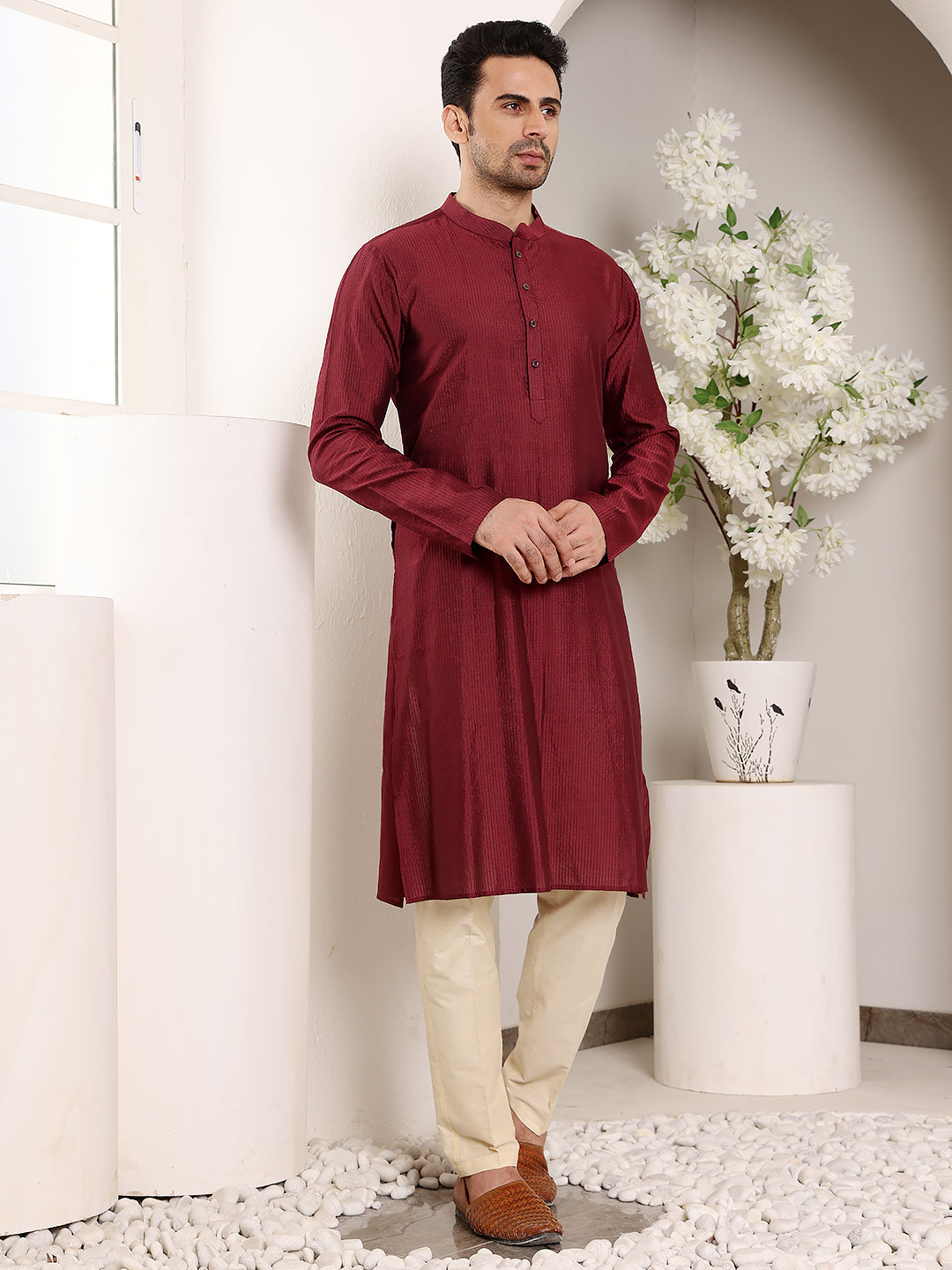 MULTI SHADES Men's Maroon Straight Viscose Silk Kurta With Textured Effect,Cream Solid Trouser Style Churidar - Dista