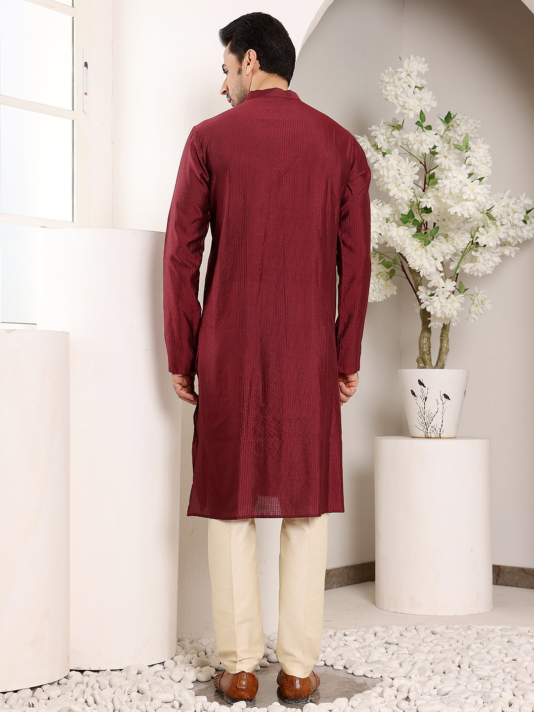 MULTI SHADES Men's Maroon Straight Viscose Silk Kurta With Textured Effect,Cream Solid Trouser Style Churidar - Dista
