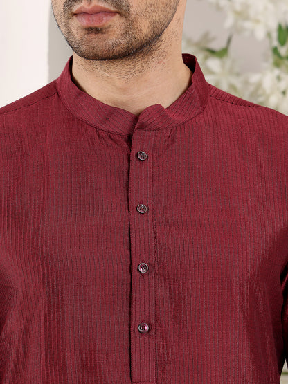 MULTI SHADES Men's Maroon Straight Viscose Silk Kurta With Textured Effect,Cream Solid Trouser Style Churidar - Dista