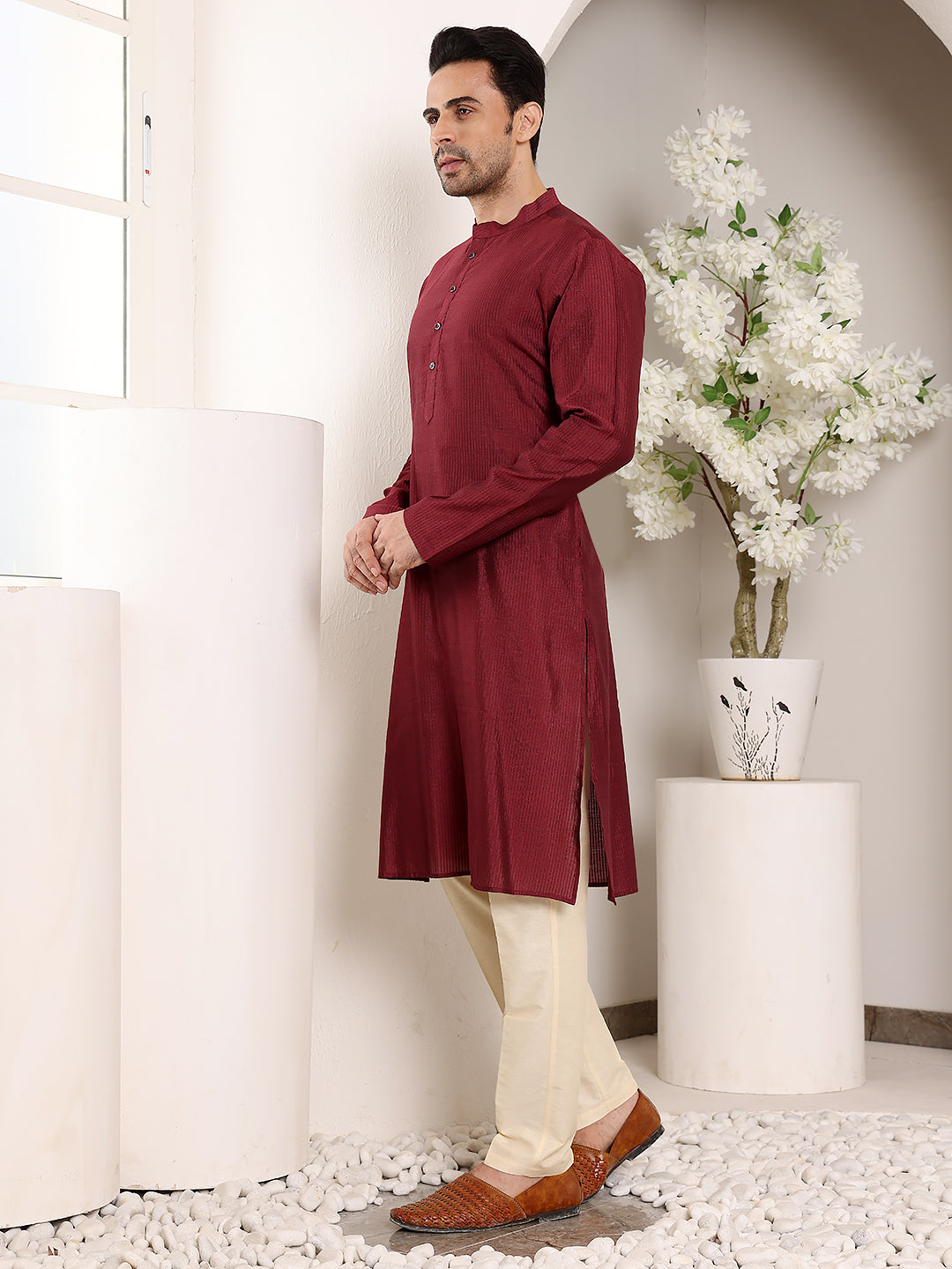 MULTI SHADES Men's Maroon Straight Viscose Silk Kurta With Textured Effect,Cream Solid Trouser Style Churidar - Dista