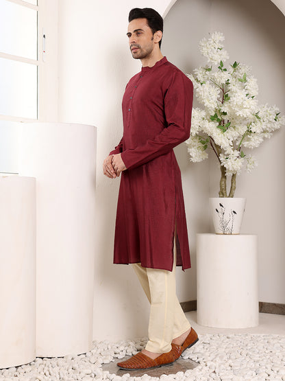 MULTI SHADES Men's Maroon Straight Viscose Silk Kurta With Textured Effect,Cream Solid Trouser Style Churidar - Dista