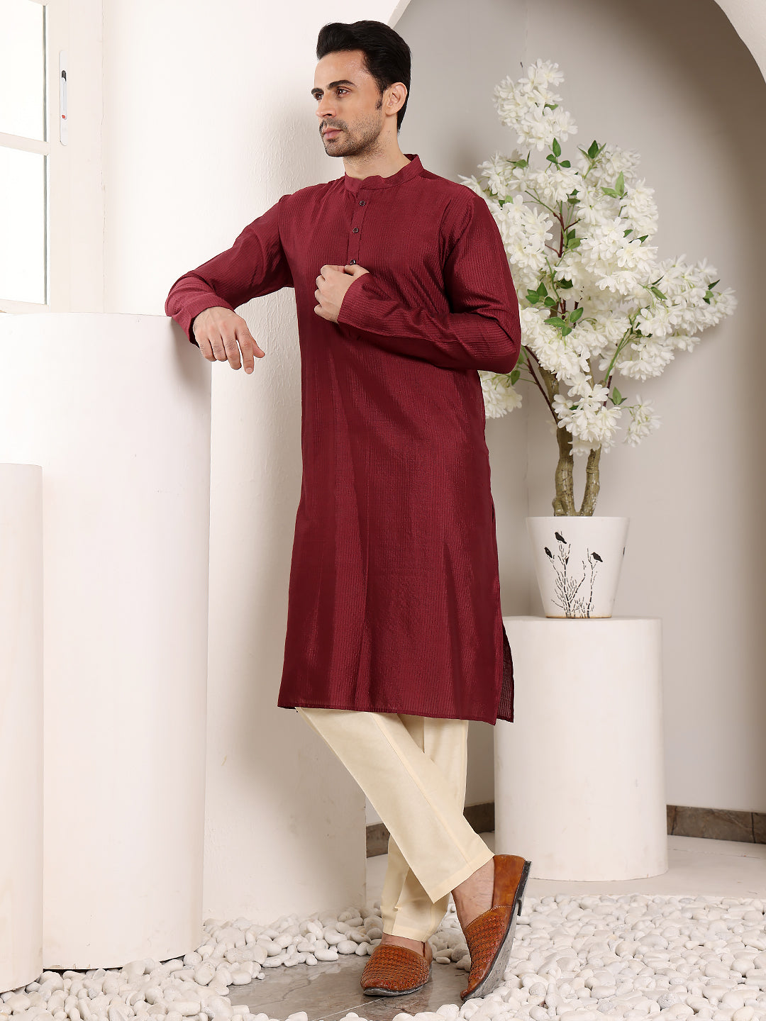 MULTI SHADES Men's Maroon Straight Viscose Silk Kurta With Textured Effect,Cream Solid Trouser Style Churidar - Dista