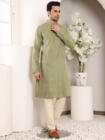 MULTI SHADES Men's Green Straight Viscose Silk Kurta With Textured Effect,Cream Solid Trouser Style Churidar - Dista