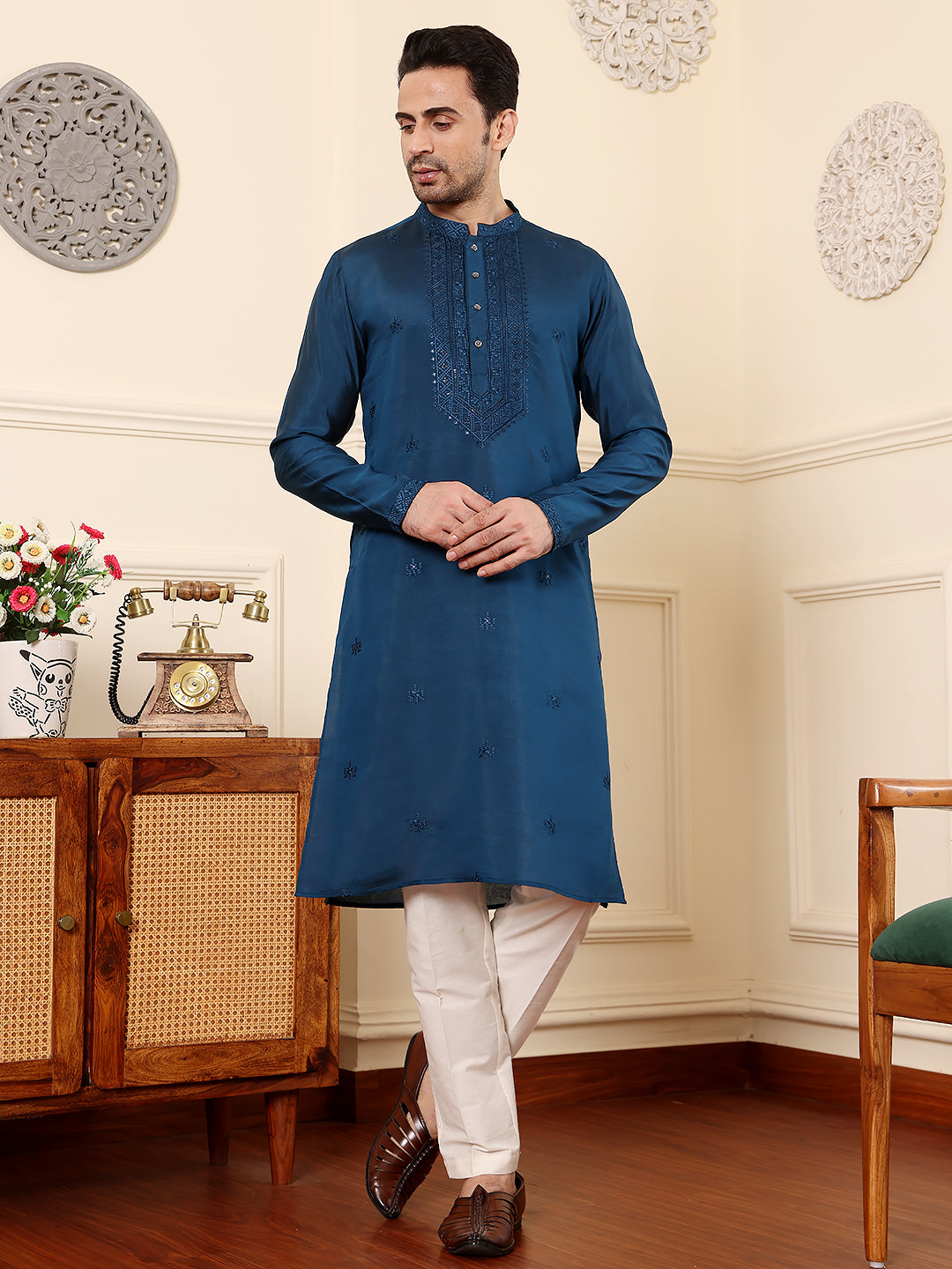 MULTI SHADES Men's Blue Straight Viscose Silk Kurta With Embroidered Neckline And Motifs,Cream Solid Trouser Style Churidar - Dista