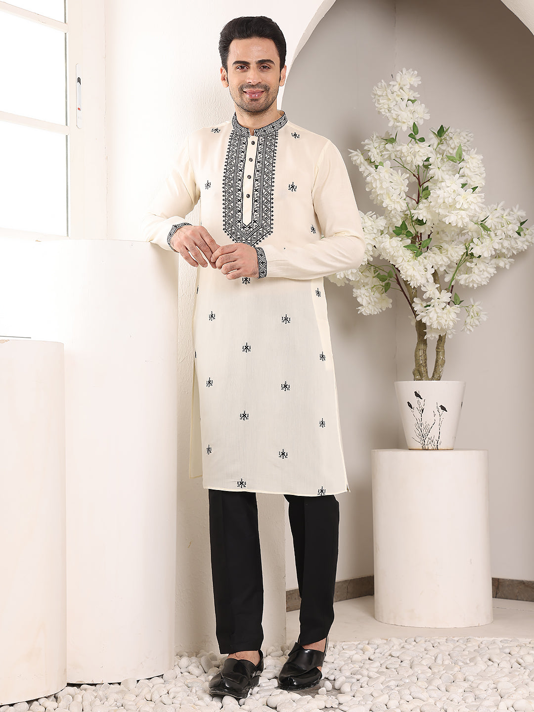 MULTI SHADES Men's White Straight Viscose Silk Kurta With Embroidered Neckline And Motifs,Black Solid Trouser Style Churidar - Dista