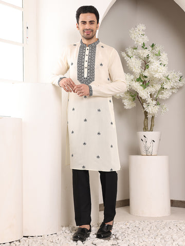 MULTI SHADES Men's White Straight Viscose Silk Kurta With Embroidered Neckline And Motifs,Black Solid Trouser Style Churidar - Dista