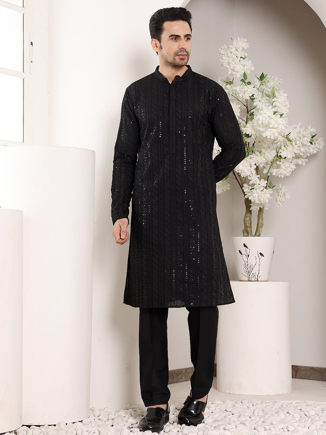 MULTI SHADES Men's Long Sleeve Mandarin Collar Elegant Black Straight Viscose Silk Kurta With Embroidery - Dista