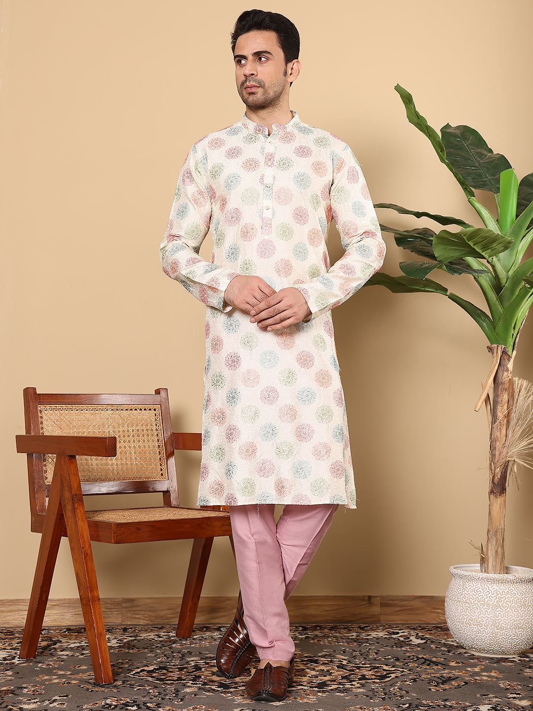MULTI SHADES Men's Long Sleeve Mandarin Collar Elegant Cream Straight Viscose Dupion Silk Kurta With Embroidery - Dista