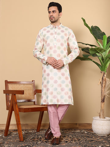 MULTI SHADES Men's Long Sleeve Mandarin Collar Elegant Cream Straight Viscose Dupion Silk Kurta With Embroidery - Dista