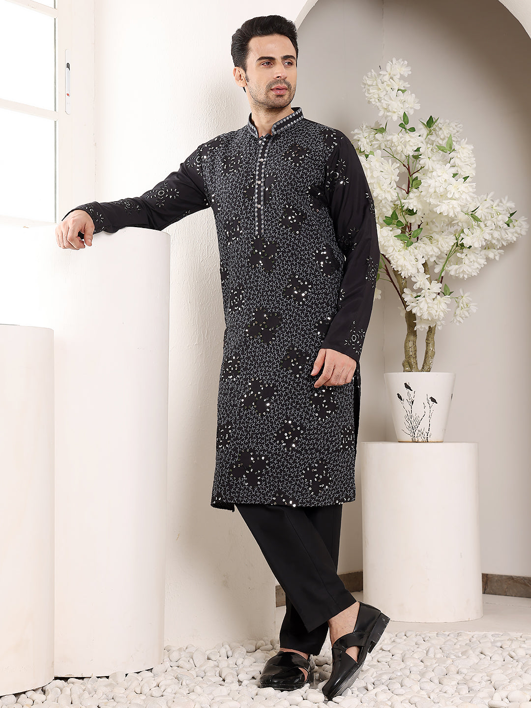 MULTI SHADES Men's Black Straight Rayon Silk Kurta With Embroidered Neckline And Motifs,Off White Solid Trouser Style Churidar - Dista