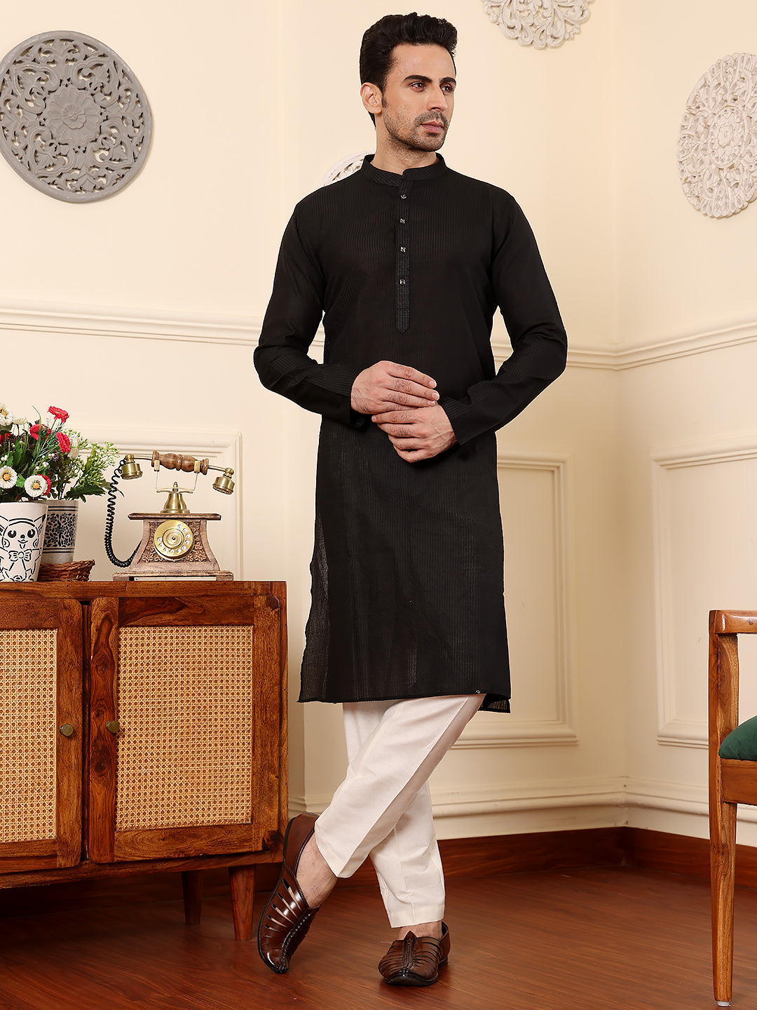 MULTI SHADES Men's Black Straight Viscose Silk Kurta With Textured Effect,Cream Solid Trouser Style Churidar - Dista