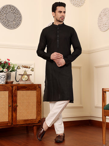 MULTI SHADES Men's Black Straight Viscose Silk Kurta With Textured Effect,Cream Solid Trouser Style Churidar - Dista