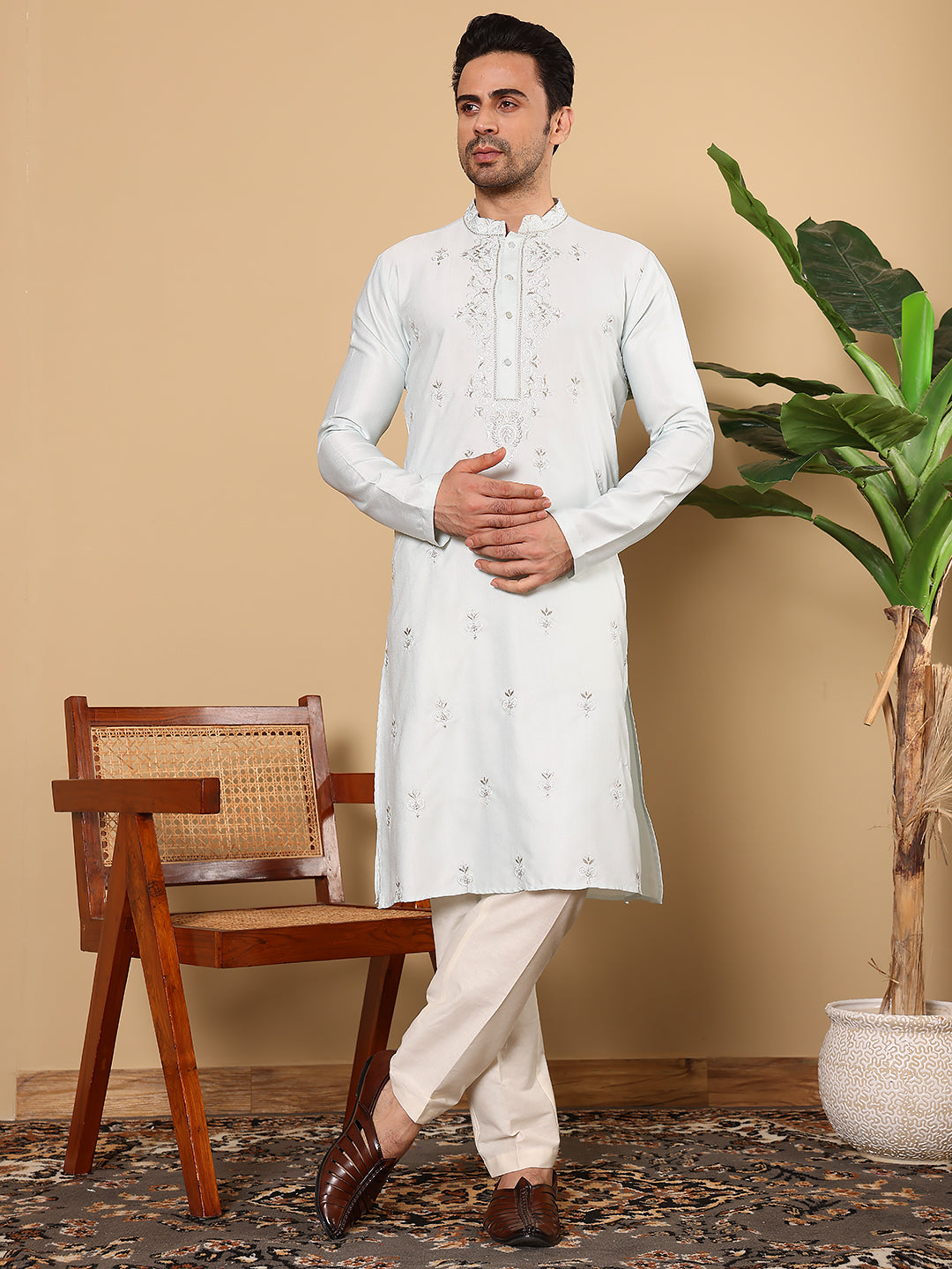 MULTI SHADES Men's Light Blue Straight Viscose Silk Kurta With Embroidered Neckline And Motifs,Cream Solid Trouser Style Churidar - Dista