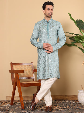 MULTI SHADES Men's Blue Straight Viscose Silk Kurta With Embroidered Neckline And Motifs,Cream Solid Trouser Style Churidar - Dista