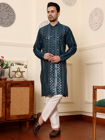 MULTI SHADES Men's Dark Blue Straight Viscose Silk Kurta With Embroidered Neckline And Motifs,Off White Solid Trouser Style Churidar - Dista