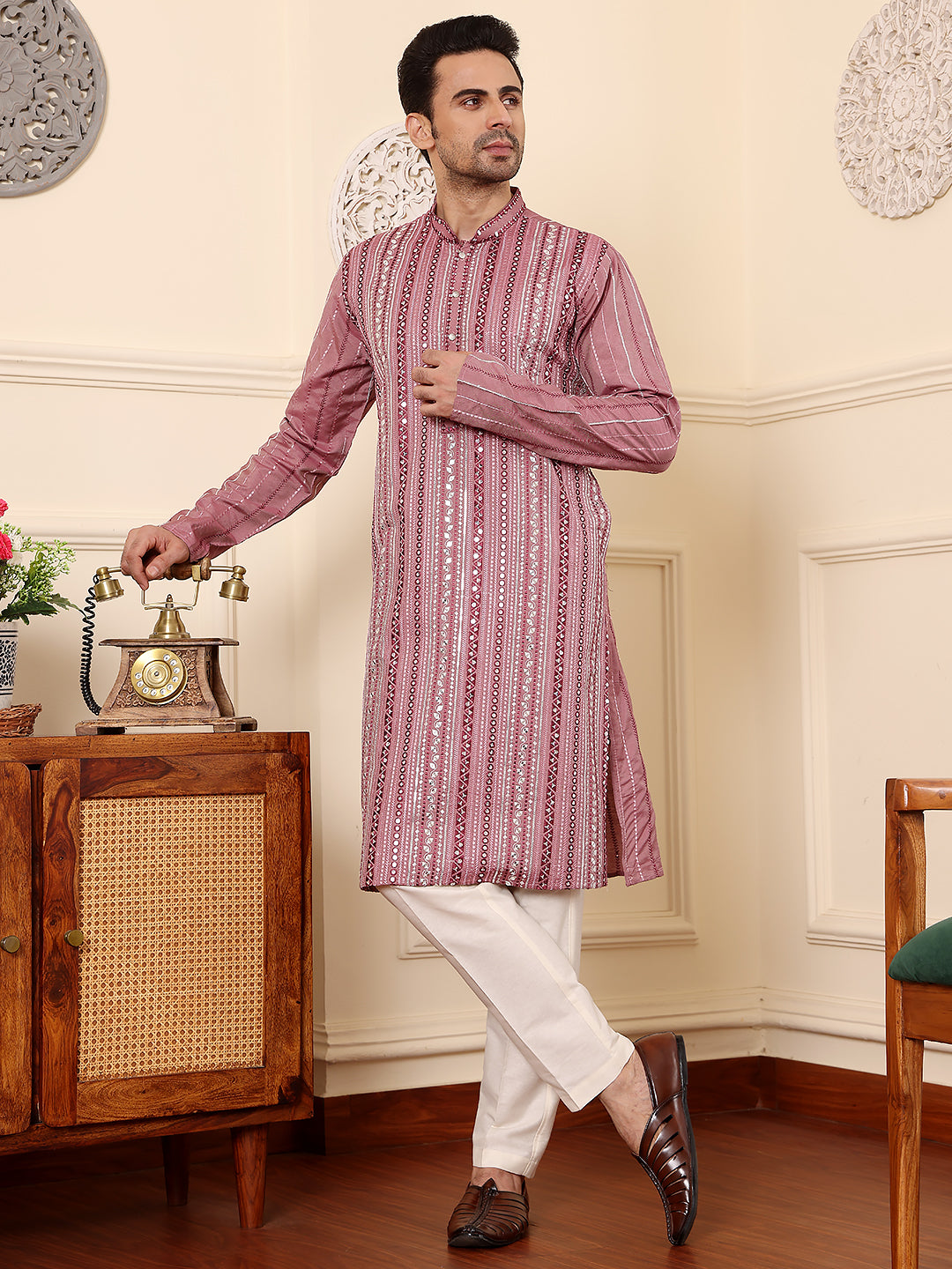 MULTI SHADES Men's Pink Straight Viscose Silk Kurta With Embroidered Neckline And Motifs,Off White Solid Trouser Style Churidar - Dista