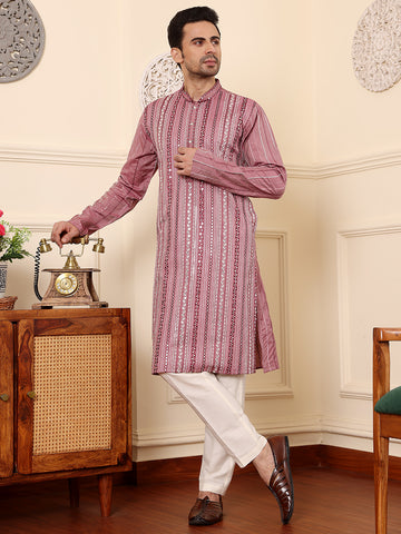 MULTI SHADES Men's Pink Straight Viscose Silk Kurta With Embroidered Neckline And Motifs,Off White Solid Trouser Style Churidar - Dista
