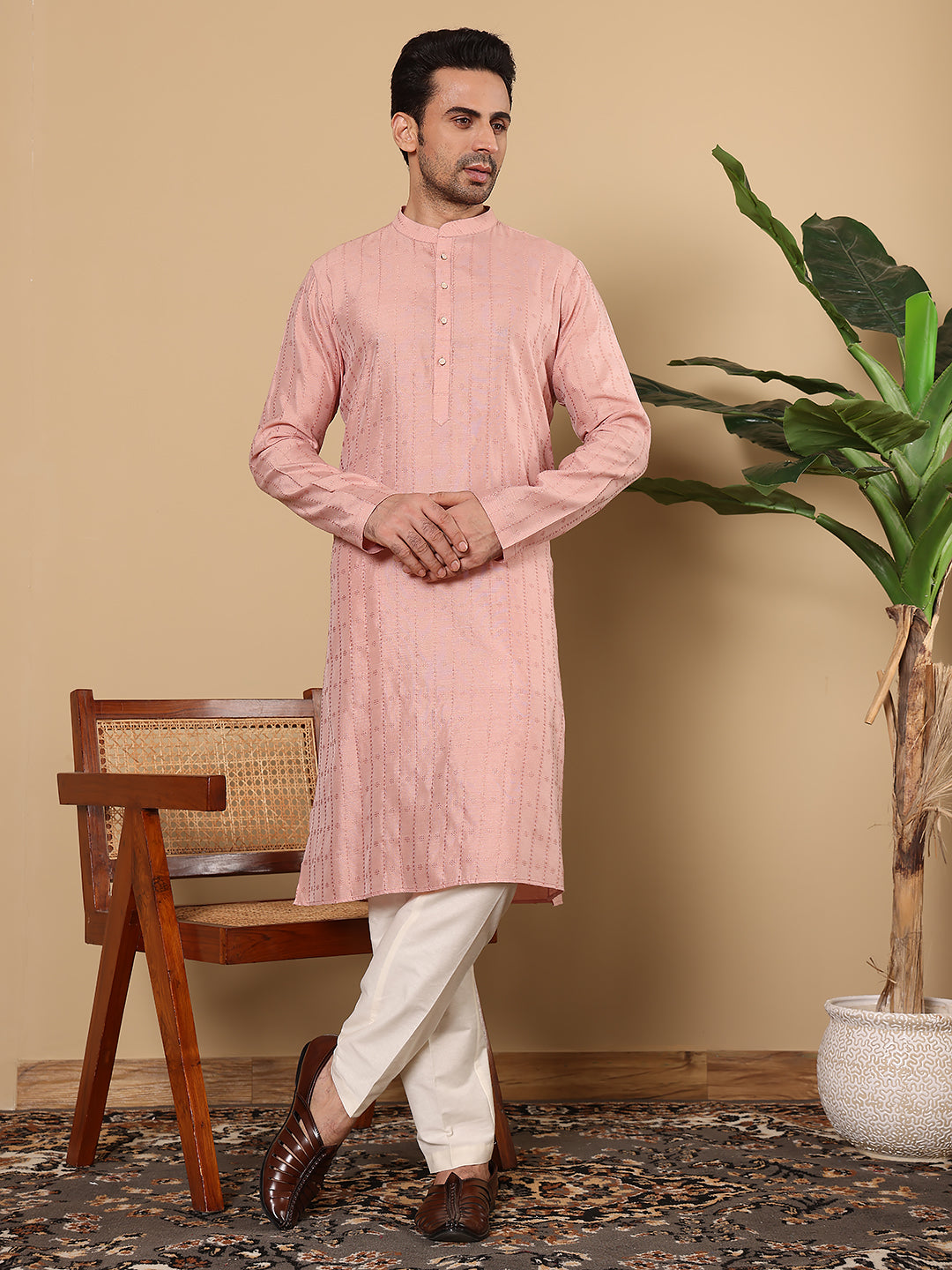 MULTI SHADES Men's Pink Straight Viscose Silk Kurta With Textured Effect,Off White Solid Trouser Style Churidar - Dista