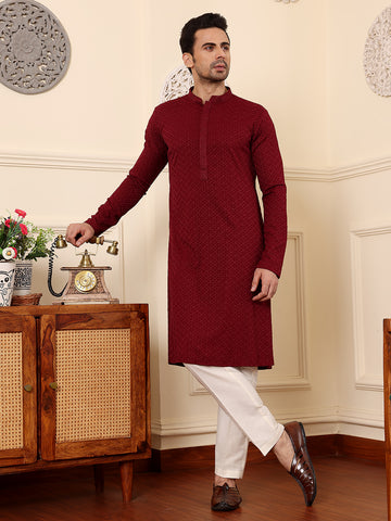 MULTI SHADES Men's Rayon Silk Straight Classic Red Chikankari Kurta,Cream Solid Trouser Style Churidar - Dista
