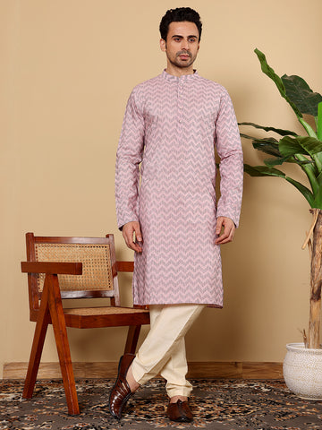 MULTI SHADES Men's Elegant Pink Straight Cotton Kurta With Embroidery,Cream Solid Trouser Style Churidar - Dista
