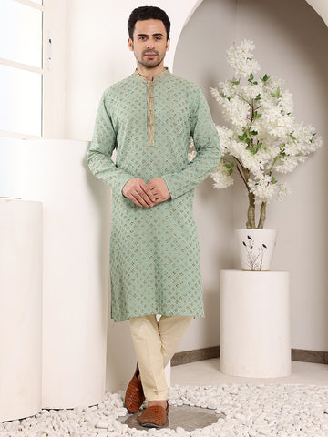 MULTI SHADES Men's Elegant Sea Green Straight Cotton Kurta With Embroidery,Cream Solid Trouser Style Churidar - Dista