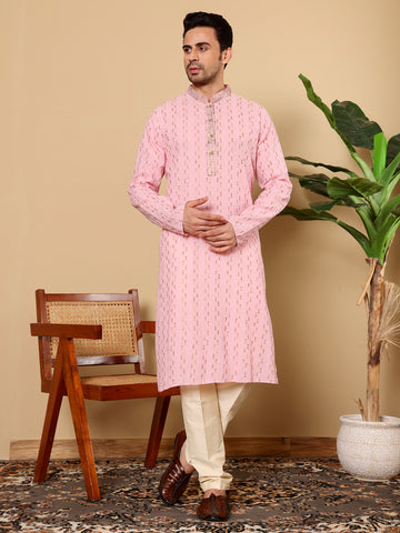 MULTI SHADES Men's Elegant Pink Straight Cotton Kurta With Embroidery,Cream Solid Trouser Style Churidar - Dista