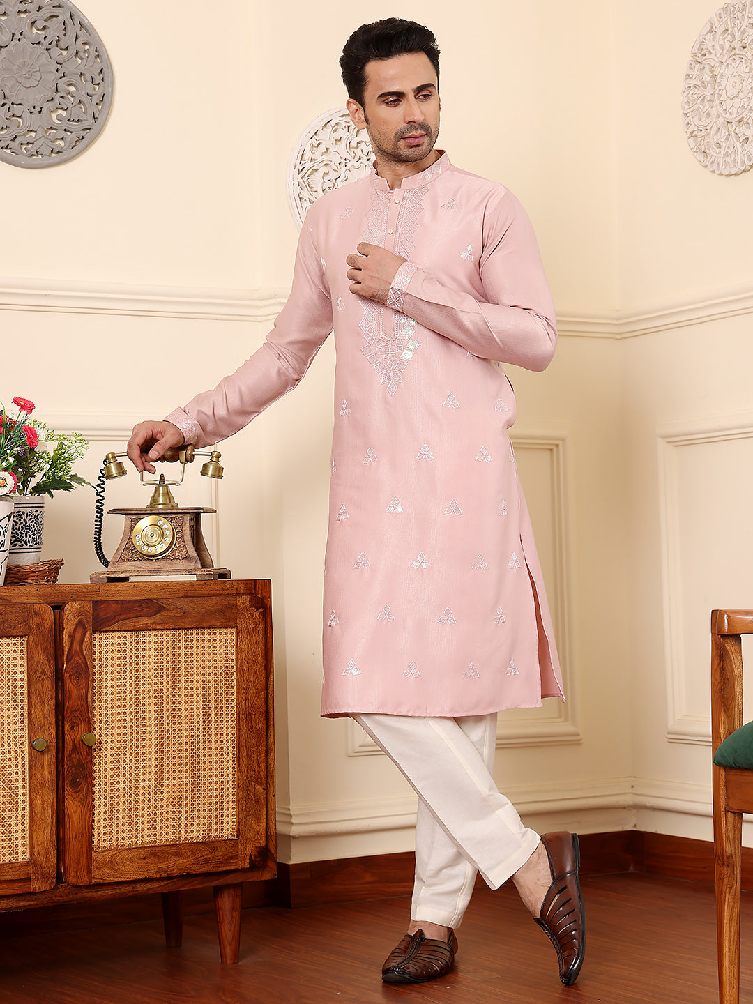 MULTI SHADES Men's Pink Straight Viscose Silk Kurta With Embroidered Neckline And Motifs,Cream Solid Trouser Style Churidar - Dista