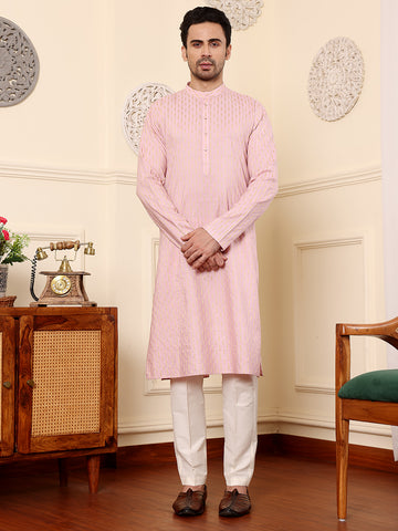 MULTI SHADES Men's Pink Straight Viscose Silk Kurta With Embroidered Neckline And Motifs,Off White Solid Trouser Style Churidar - Dista