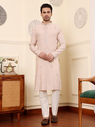 MULTI SHADES Men's Peach Straight Viscose Silk Kurta With Embroidered Neckline And Motifs,Off White Solid Trouser Style Churidar - Dista