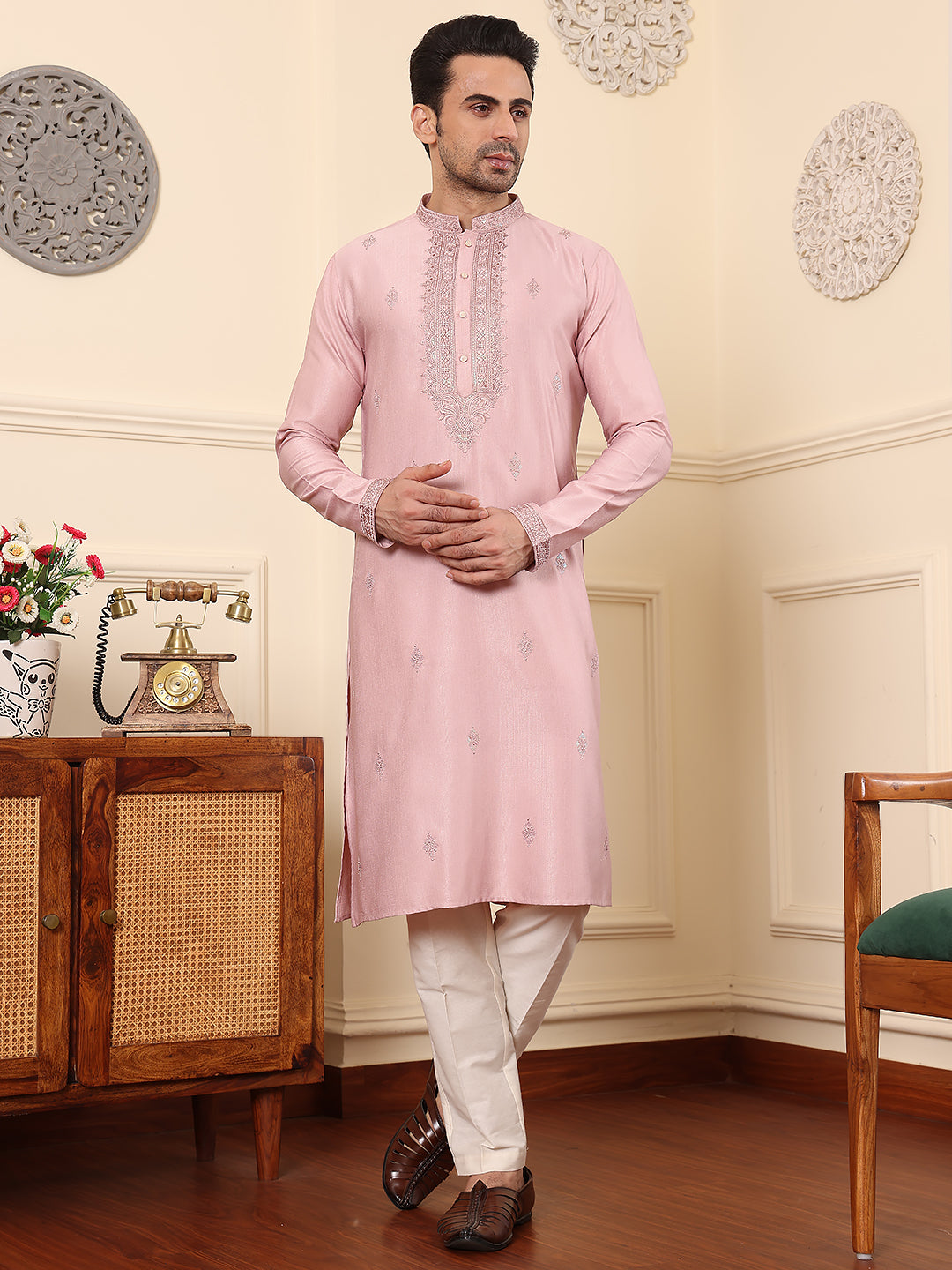 MULTI SHADES Men's Pink Straight Viscose Silk Kurta With Embroidered Neckline And Motifs,Cream Solid Trouser Style Churidar - Dista