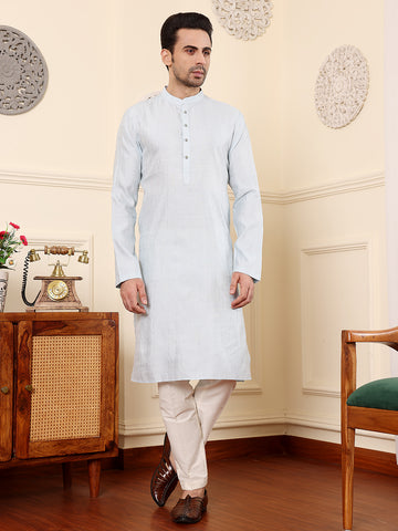 MULTI SHADES Men's Light Blue Rayon Silk Straight Viscose Silk Kurta With Textured Effect,Cream Solid Trouser Style Churidar - Dista