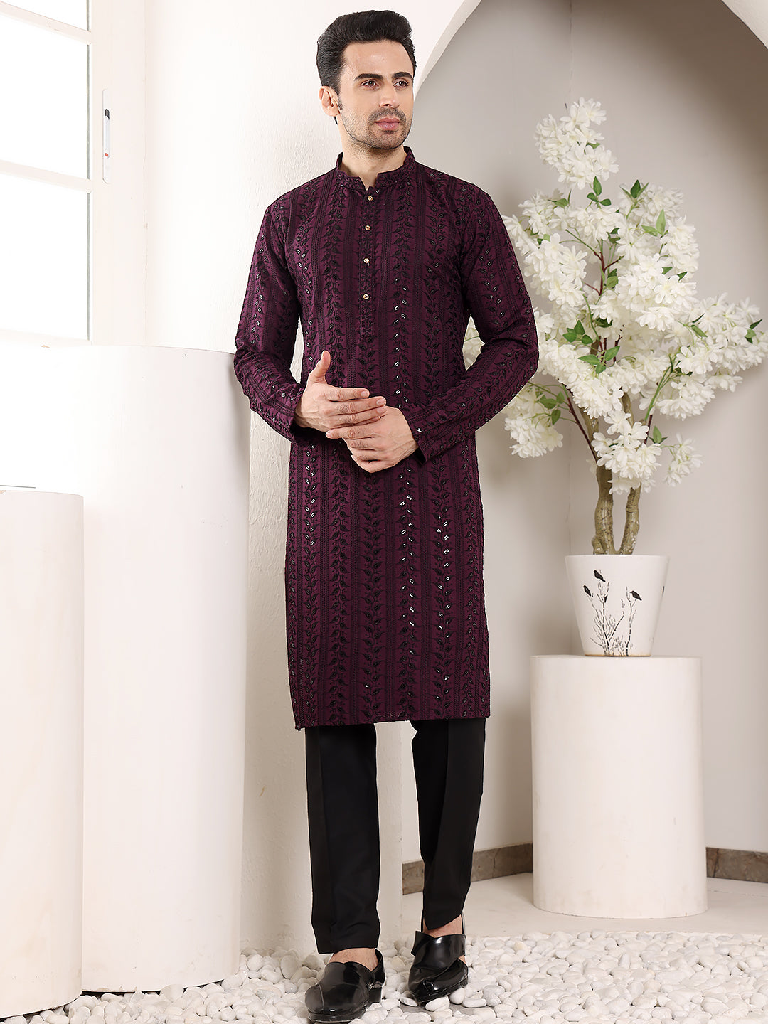 MULTI SHADES Men's Purple Straight Viscose Silk Kurta With Embroidered Neckline And Motifs,Black Solid Trouser Style Churidar - Dista