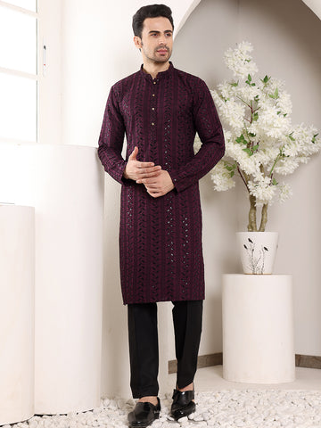 MULTI SHADES Men's Purple Straight Viscose Silk Kurta With Embroidered Neckline And Motifs,Black Solid Trouser Style Churidar - Dista